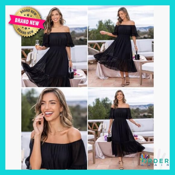 Boho Off Shoulder Midi Dress Ruffle Sleeve Smocked Elastic Waist Flowy Summer - Picture 5 of 7